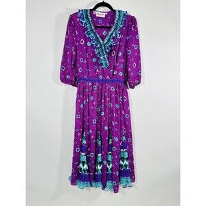 Vintage Assorti Susan Freis Maxi Dress Purple Green Ruffle Smocked V Neck Sz S